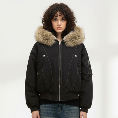 Hooded Faux Fur Bomber - Grey