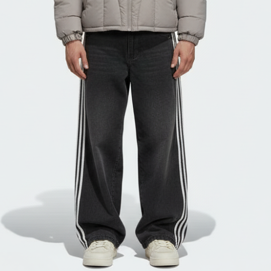Embroidered Striped Baggy Jeans - Pink