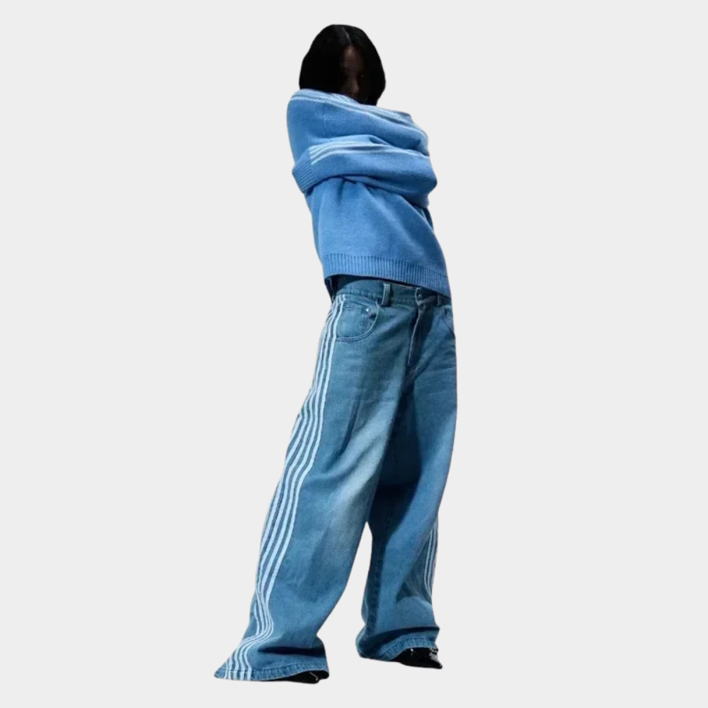 Embroidered Striped Baggy Jeans - Black/White