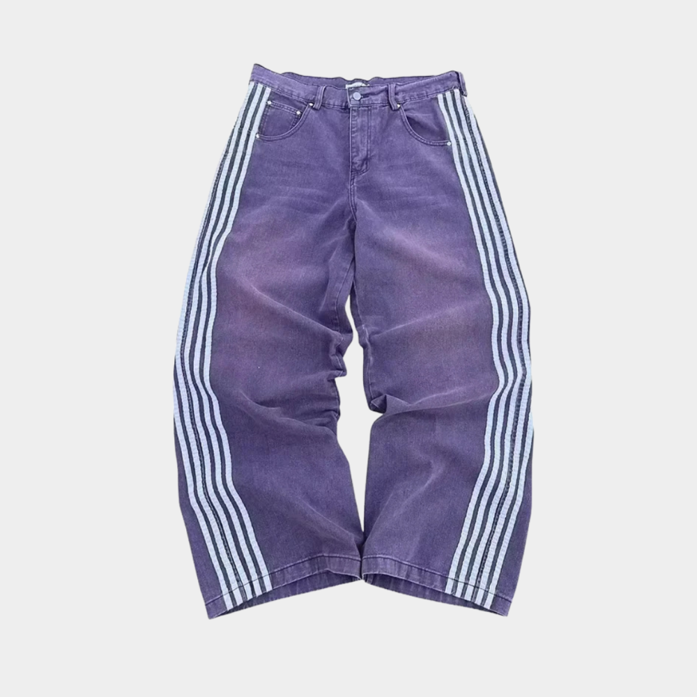Embroidered Striped Baggy Jeans - Pink