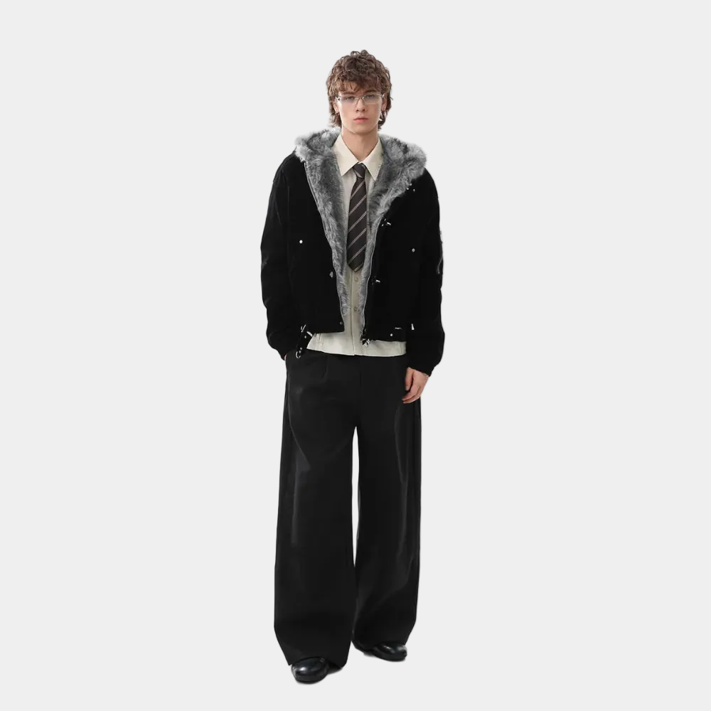 Streetwear Metal Clip Faux Fur Hooded Suede Bomber Jacket